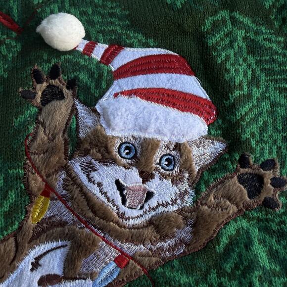 Blizzard Bay Sweater Mens Large Green Christmas Cats Lights Ugly Holiday Pompom - Picture 3 of 10